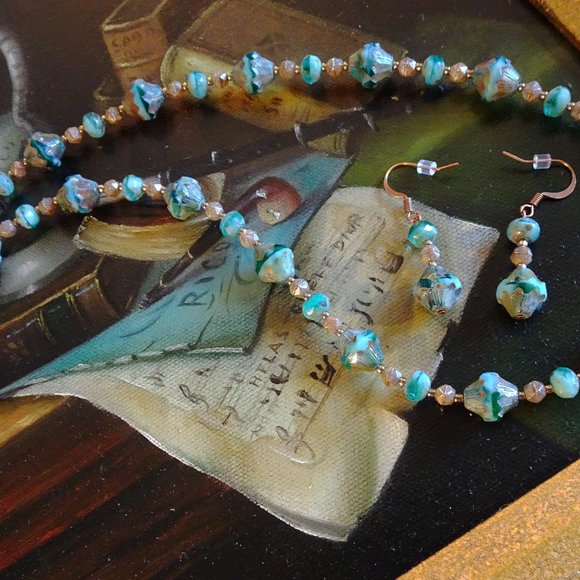 Handmade necklace/earring set with Czech aquamarine bicone beads - Picture 3 of 7